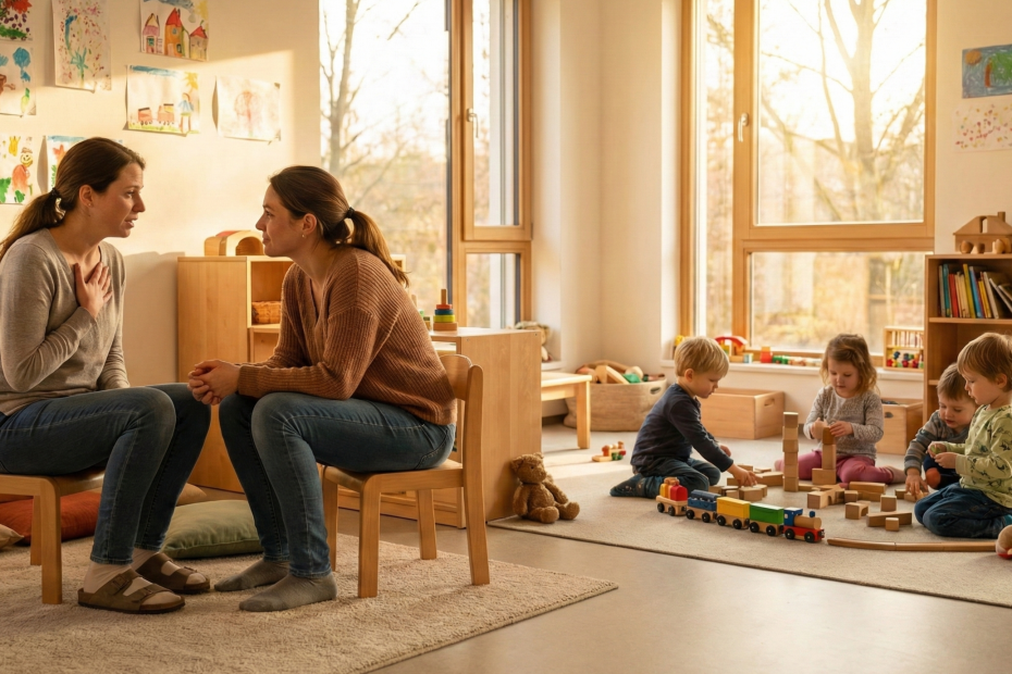 Zwei Erzieherinnen sitzen einander zugewandt in einer ruhigen Ecke eines sonnendurchfluteten Kita-Gruppenraums und führen ein ernstes, vertrauensvolles Gespräch, während im Hintergrund Kinder spielen.