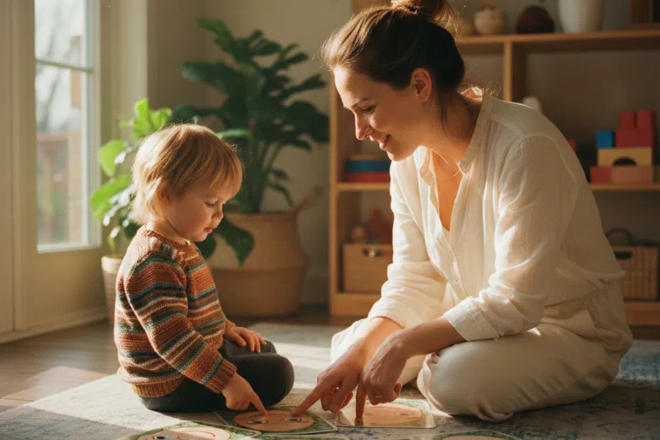 Erzieherin und Kind sprechen mithilfe von Bildkarten über Gefühle – Szene zur Konfliktlösung in Kitas mittels GFK.