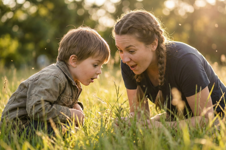 Eine pädagogische Fachkraft und Kinder betrachten fasziniert ein Detail in der Natur, um die Kraft des Staunens in der Kita zu symbolisieren.