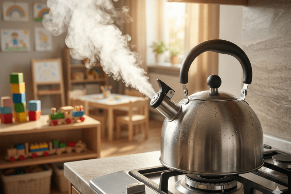 Ein pfeifender Edelstahl-Teekessel auf einem Küchenherd, der unter hohem Druck einen kräftigen Dampfstrahl ausstößt. Im Hintergrund ist ein weichgezeichnetes, ruhiges Kinderzimmer mit Holzspielzeug zu sehen.