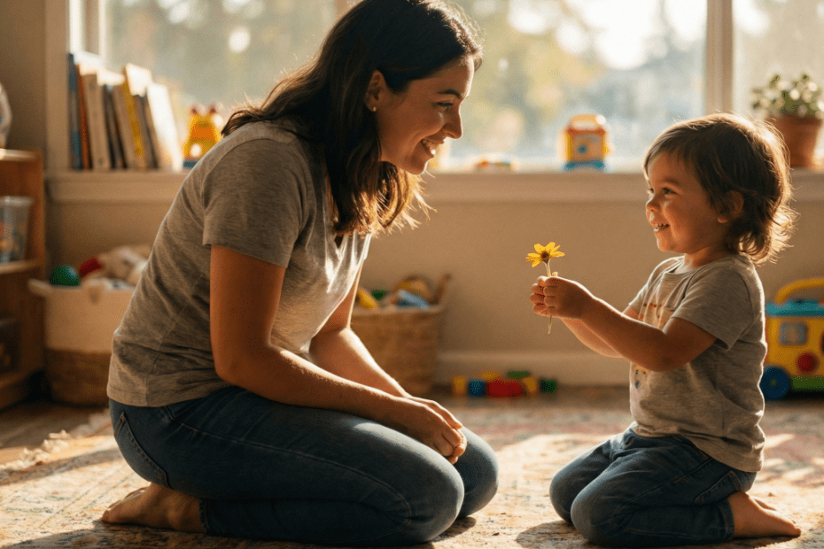 Eine Erzieherin und ein Kind in einem Moment tiefer emotionaler Verbindung (Kama Muta) in einer Kita.