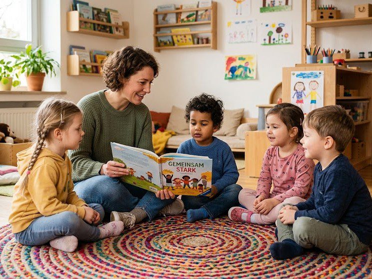 Eine Erzieherin sitzt gemeinsam mit Kita-Kindern in einem hellen Raum auf einem gemütlichen Teppich und liest aus einem Bilderbuch vor. Die Szene strahlt spürbare Wärme, Aufmerksamkeit und Zusammenhalt aus.